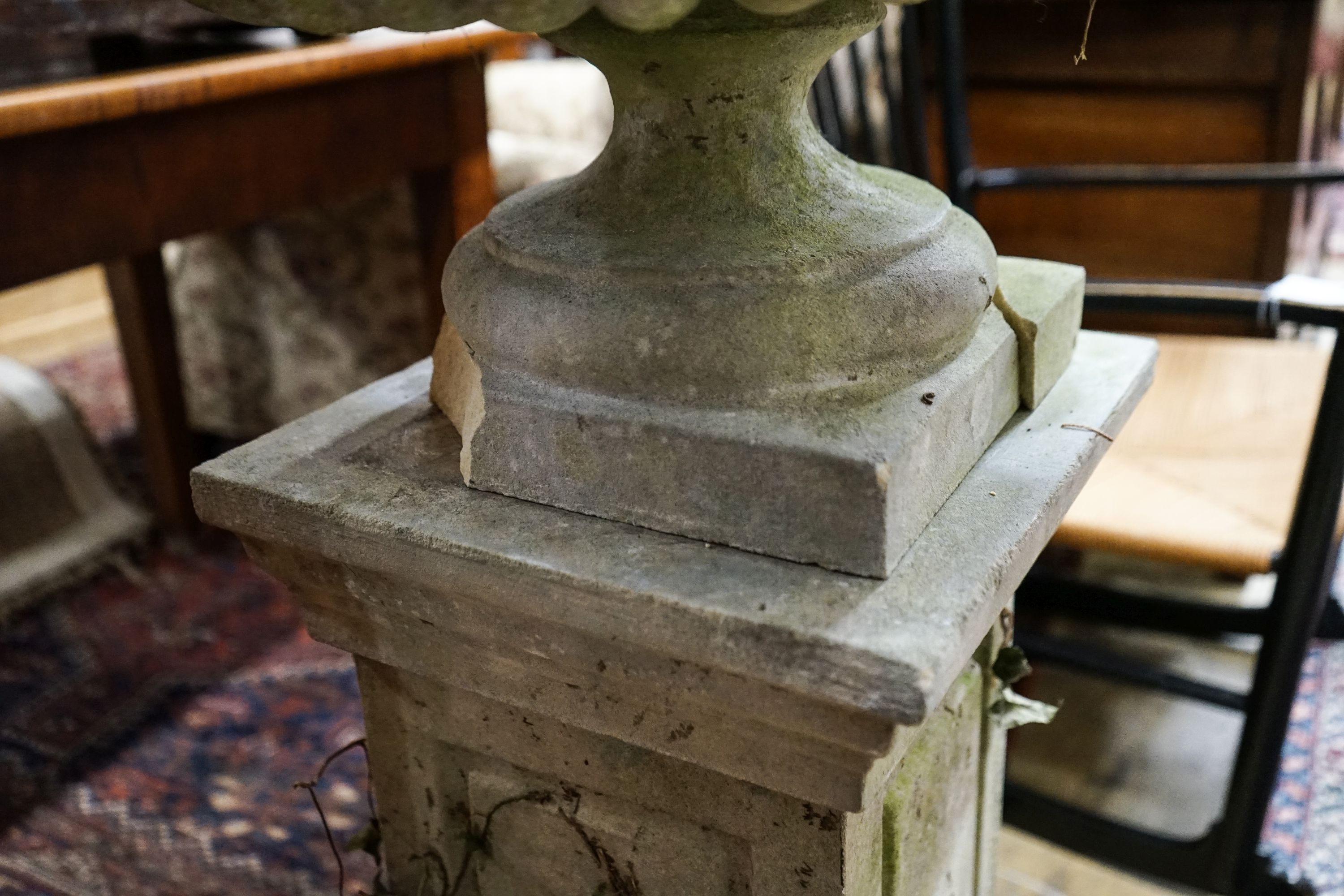 A reconstituted stone garden bird bath / sundial on square pedestal, height 110cm (a.f.)